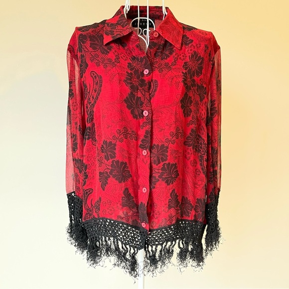 Vintage Spencer Jeremy Silk Semi Sheer Button Down Blouse Fringe red black SZ 10 - Picture 1 of 7